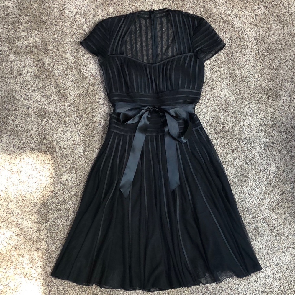 Black Striped Faux Leather Trim A-Line Dress